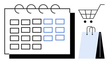 Takvimi alışveriş arabası ve çantanın yanında kalın ızgara biçiminde aç. Perakende pazarlama, etkinlik planlaması, e-ticaret programı, envanter yönetimi, iş stratejisi, çevrimiçi alışveriş için ideal