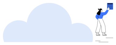 Bir takvimle uzanan kadın büyük bir buluta içerik ekler. Bulut depolama, takım çalışması, planlama, veri yönetimi, organizasyon, dijital çözümler ve üretkenlik düz metaforu için ideal