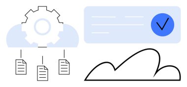 Buluttaki dişliler dosyaları birbirine bağlar, mavi işaretli dijital formlar. Üretkenlik, bulut depolama, otomasyon, veri yönetimi, çevrimiçi güvenlik, iş akışı, düz basit metafor için ideal