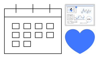 Zamanlama için takvim ızgarası, veri içgörülerini gösteren analitik gösterge paneli ve bakımı sembolize eden mavi kalp. Zamanlama, analitik, sağlık, zaman yönetimi, organizasyon, verimlilik için ideal