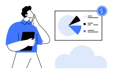 Elinde tablet tutan ve finansal göstergesi olan bir pasta grafiğindeki verileri analiz eden adam. İş analizi, karar verme, mali planlama, büyüme stratejisi, kurumsal içgörüler, veriler için ideal