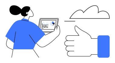 Elinde analitik gösteren tablet tutan bir kadın, onayı işaret eden büyük bir jest ve online bağlantıyı temsil eden bir bulut. Takım çalışması, üretkenlik, başarı, dijital araçlar, bulut için ideal