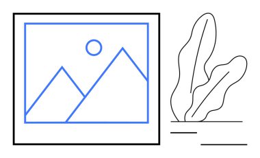 Dağlar ve güneş içeren çerçevelenmiş doğrusal manzara, dekoratif soyut bitkilerle eşleştirilmiş. Sanat, tasarım, dekorasyon, doğa, estetik, sadelik minimalizmi için ideal. Düz basit metafor
