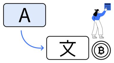 A harfi, elinde tablet olan ve bitcoin sembolü olan yabancı bir karaktere dönüşüyor. Finans, teknoloji, çeviri, kodlama, küresel ticaret, fintech, düz basit metafor için ideal