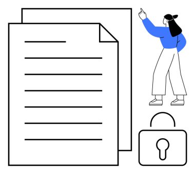 Asma kilit ve veri koruması, gizlilik, şifreleme, mahremiyet, yasal uyum ve çevrimiçi belge güvenliğini temsil eden bir kadının yanında yığınla kağıt. Siber güvenlik için ideal dosya