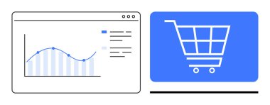 Analitik gösterge panelinin veri içgörüsüne sahip çizgi grafiği bir alışveriş arabası ikonu ile eşleştirildiğinde çevrimiçi satış performansını sembolize eder. İş, büyüme, pazarlama, strateji, e-ticaret, veri analizi için ideal