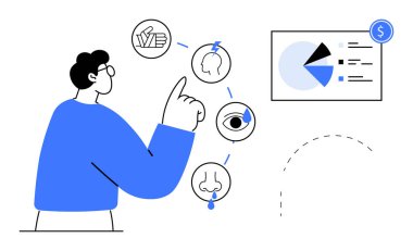 Analiz çizelgesine bağlı dokunmayı, görmeyi, koklamayı ve algılamayı temsil eden ikonları gösteren bir adam. Eğitim, teknoloji, yenilik, araştırma analizi iş iletişimi için idealdir. Düz