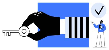 Elle sunulan anahtar fırsat ve erişimi sembolize ediyor. İlerleme listesindeki resmedilmiş profesyonel işaret ile bitişik. Liderlik, strateji, çözümler, hedefler, eğitim, kilidi açmak için ideal