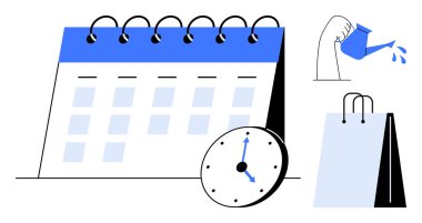 Masa takvimi ve saat zaman yönetimini, sulama kutusuyla büyüme ekmeyi, alışveriş poşeti işini veya görevleri sembolize eder. Organizasyon, zamanlama, üretkenlik, planlama, büyüme, yönetim için ideal