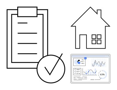 Pano kontrol listesi, grafikli analitik panel ve organizasyon, planlama, ilerleme izleme, mülkiyet yönetimi, üretkenlik, proje denetimi temalarını taşıyan ev simgesi