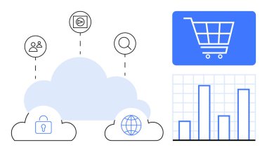 Güvenlik, küresel erişim, kullanıcılar ve medya simgeleri ile bulut bağlantıları. Alışveriş arabası ve bar çizelgeleri. İnternet üzerinden e-ticaret, analitik, bulut depolama ve veri paylaşımı için ideal