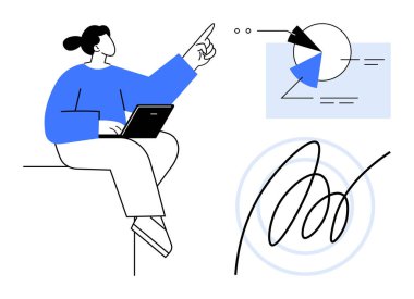 Oturan, dizüstü bilgisayarı olan, pasta grafiklerine ve grafiklere bakan bir kadın. Veri analizi, sunum, takım çalışması, strateji, yenilikçi eğitim yaratıcılığı için ideal. Modern düz basit metafor