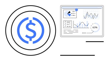Dolar sikkesi dijital analitik gösterge paneli, grafik, grafik ve finansal verilerle birleştirildi. Finans, yatırım, analitik, iş ekonomisi büyümesi için idealdir. Basit düz