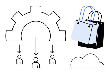 Üç basamaklı vites, mavi saplı alışveriş torbaları ve bulut simgesine dağıtım. İş için ideal, takım çalışması, çevrimiçi alışveriş, bulut hizmetleri, dağıtım, e-ticaret bulutu soyut hesaplama