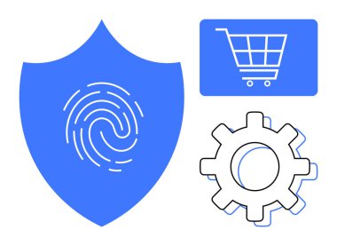 Parmak izi, alışveriş arabası ve siber güvenliği, e-ticareti, verimliliği ve teknolojik süreçleri simgeleyen teçhizatlı bir kalkan. Veri koruması, çevrimiçi alışveriş, inovasyon mahremiyeti için ideal