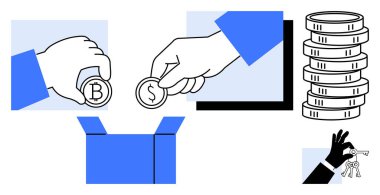 Şifreli para, bozuk para, para kutusu, bozuk para ve anahtarla el ele tutuşan eller. Finans, yatırım, tasarruf, emlak yönetimi ve kripto para değişimi için idealdir. Düz