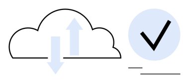 Kontrol işaretinin yanında yukarı ve aşağı okları olan bulut veri alışverişini ve doğrulamayı gösteriyor. Teknoloji, güvenlik, veri, iletişim, doğrulama, güvenilirlik, ağ kurmak için idealdir. Düz basit