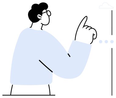 Mavi kazaklı adam arayüz seçeneklerini ya da fikirlerini gösteriyor. Karar verme, yaratıcılık, yenilik, beyin fırtınası, teknoloji, iletişim, düz metafor için ideal