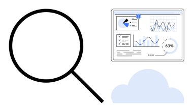 Analitik gösterge panelinde grafikler, grafikler ve bulut elementi olan büyüteç inceleniyor. Veri analizi, bulut depolama, teknoloji, araştırma, iş büyümesi, yenilik ve çevrimiçi hizmetler için ideal