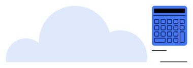 Üzerinde dijital hesap makinesi olan büyük bir soyut bulut şekli teknoloji ve veriyi akla getiriyor. Finans, bulut depolama, veri analizi, bilişim çözümleri, bütçe, iş araçları, modern