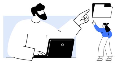 Dizüstü bilgisayardaki meslektaşım takım arkadaşıyla aynı klasörü gösteriyor. Takım çalışması, dijital dosya yönetimi, uzaktan çalışma, işbirliği, eğitim, veri paylaşımı, organizasyon için ideal. Düz basit metafor