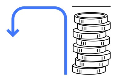 Yığılmış paraların yanında mavi eğimli ok, parasal değişimi, gelir kaybını, gelir ayarlamalarını sembolize eder. Finans, iş, yatırım, tasarruf ve ekonomi ticareti için ideal. Düz basit