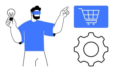 Sanal gerçeklik kulaklığı takan bir adam elinde ampul tutarken bir alışveriş arabası ikonu ve teçhizatını işaret ediyor. Yenilik için ideal, e-ticaret, teknoloji, fikirler, VR, yaratıcı çözümler, fütürizm. Düz