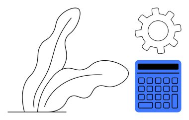 Mavi hesap makinesinin yanında yapraklı bitkiler ve vites ögesi verimlilik, teknoloji ve doğa uyumu taşır. Üretkenlik, sürdürülebilirlik, muhasebe, eko-verimlilik, yenilik, büyüme için ideal
