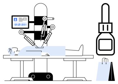 Monitör sistemi olan bir hastaya robotik kollar ameliyatı yapıyor. Sağlık, yenilik, robot bilimi, teknoloji, ameliyat, tıbbi gelişmeler ve otomasyon için ideal. Temiz düz basit metafor
