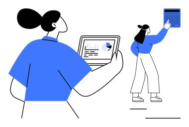 Finansal görevlerde işbirliği yapan iki kadın, grafikleri görmek için bir tablet ve hesaplamalar için bir hesap makinesi kullanıyorlar. Finans, takım çalışması, bütçe, analiz, planlama, eğitim stratejisi için ideal. Düz