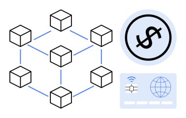 Satır, dijital dolar simgesi ve çevrimiçi, fintech, kripto para birimi, güvenlik, işlemler, yenilik ve şeffaflık için ödeme kartıyla bağlı küplerle temsil edilen blok zinciri ağı. Düz basit