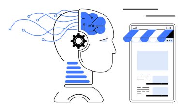 Sinirsel ağları çevrimiçi alışveriş arayüzüne bağlayan insan kafası teknolojik yeniliği vurguluyor. Yapay zeka, teknoloji, e-ticaret, makine öğrenimi, sinirsel ağlar, otomasyon, dijital