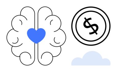 Brain with a blue heart at its center beside a dollar sign and a minimal cloud. Ideal for themes thumbs up emotional intelligence, financial health, mindfulness, creativity, decision-making, mental clipart