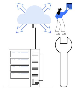 Veri akışını gösteren oklarla sunucuya bağlı bulut, büyük ölçekli anahtar araçları temsil eden, tablet işlemleri yapan kadın. Teknoloji, bakım, bulut hesaplama ve veri akışı için ideal