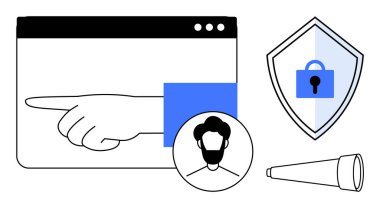 Sivri elli tarayıcı penceresi, kilitli güvenlik kalkanı, kullanıcı avatarı ve teleskopu. Dijital güvenlik, kullanıcı rehberliği, koruma, çevrimiçi mahremiyet, kullanıcı deneyimi keşfi için ideal