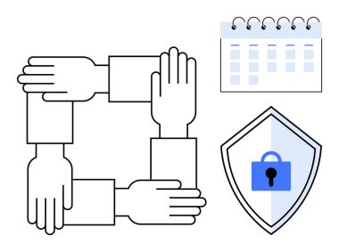 Birliği sembolize eden dört el, zamanlamayı temsil eden bir takvim ve güvenliği simgeleyen kilit ikonlu bir kalkan. Takım çalışması, işbirliği, güvenlik, planlama, organizasyon için ideal