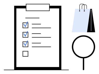 Kontrol listesi, alışveriş torbası ve büyüteç büyütme, görev yönetimi, perakende planlama ve detaylara dikkat. Üretkenlik, alışveriş, arama, strateji incelemesi için ideal