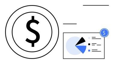 Veri pastası grafiği ve finansal analizlerin yanında dolar işareti. Finans, bütçe, ekonomi, yatırım, analitik, iş stratejisi, bankacılık için ideal. Temiz düz basit metafor