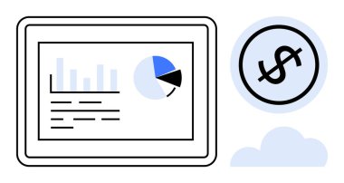 Tablet, bir dolar işareti ve bulutun yanında tablolar ve grafiklerle finansal analizleri gösteriyor. Finans, yatırım, analitik, bütçe, kâr, ekonomi, dijital araçlar için ideal