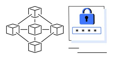 Birbirine bağlı küpler engelleme teknolojisini temsil ediyor ve asma kilit simgesiyle şifrelenmiş. Siber güvenlik, engelleme zinciri, fintech, şifreleme, veri koruması, mahremiyet, ademi merkeziyet için ideal
