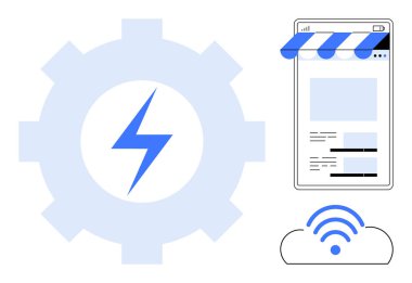 Yıldırımlı teçhizat, seyyar mağaza önü, kablosuz bulut hızı, e-ticareti, bağlantıyı simgeliyor. Teknoloji, optimizasyon, iş büyümesi, yenilik verimliliği bulut hizmetleri için ideal