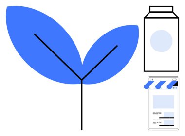 Mavi yaprak sembolü, bir süt kutusu ve dijital mağaza vitrininin yanında. Sürdürülebilirlik, eko-ticaret, organik tarım, yeşil ürünler, çevrimiçi alışveriş, minimalizm, düz basit metafor