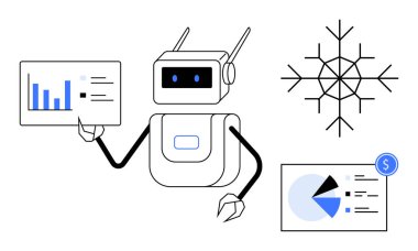 Robot veri tabloları tutuyor, finansal eğilimleri mavi ve beyaz bilgi elemanları ve kar tanesi tarzı teknoloji tasarımı ile analiz ediyor. Teknoloji, otomasyon, yapay zeka, veri analizi ve robot bilimi için ideal.