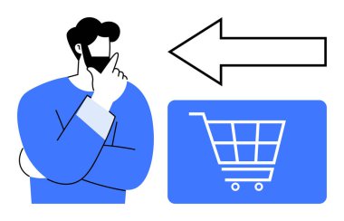 Düşünen kişi, solu işaret eden okun yanındaki alışveriş arabası ikonuna işaret ederken. E-ticaret, karar verme, pazarlama, tüketici davranışı için ideal, çevrimiçi kontrol, kullanıcı deneyimi, düz basit