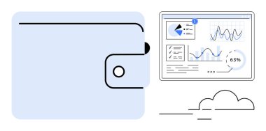 Kapalı cüzdan veri analizi gösterge paneli ile eşleştirildi. Grafikler, grafikler ve ilerleme ölçümleri gösteriliyor. Finans, dijital ekonomi, veri analizi, iş büyümesi, tasarruf, çevrimiçi yatırım için ideal