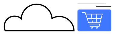 Bir alışveriş arabasıyla bağlantılı bulut şekli. E-ticaret, bulut depolama, perakende, teknoloji, veri iletimi, dijital çözümler ve lojistik için ideal. Düz basit metafor