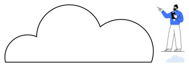 Büyük bulut çizgisi, elinde bir pano olan takım elbiseli bir adam sunuyor. Teknoloji, yenilik, veri depolama, takım çalışması, eğitim, analiz bulut hizmetleri için ideal. Düz basit metafor