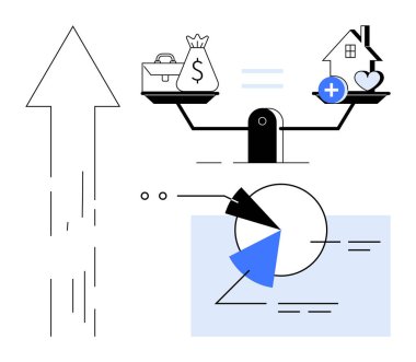 İş çantası ve parayı ev, sağlık ve kalp ile dengelemek. Oklar ve pasta grafiği ilerlemeyi ve eşitliği görselleştiriyor. Finans, sağlık, hedefler, yaşam tarzı, ekonomi dengesi kararı için ideal