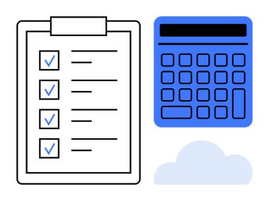 Hesap makinesi ve bulut şeklinin yanında kontrol işaretleri olan kontrol listesi. Üretkenlik, planlama, muhasebe, organizasyon, bulut hesaplama, görev yönetimi, verimlilik için idealdir. Düz basit metafor