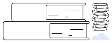 Bozuk para ve ince bulut tasarımının yanında bir yığın kitap. Eğitim, öğrenim, finans, yatırım, bilgi, kişisel büyüme ve çevrimiçi kaynaklar için idealdir. Düz basit metafor